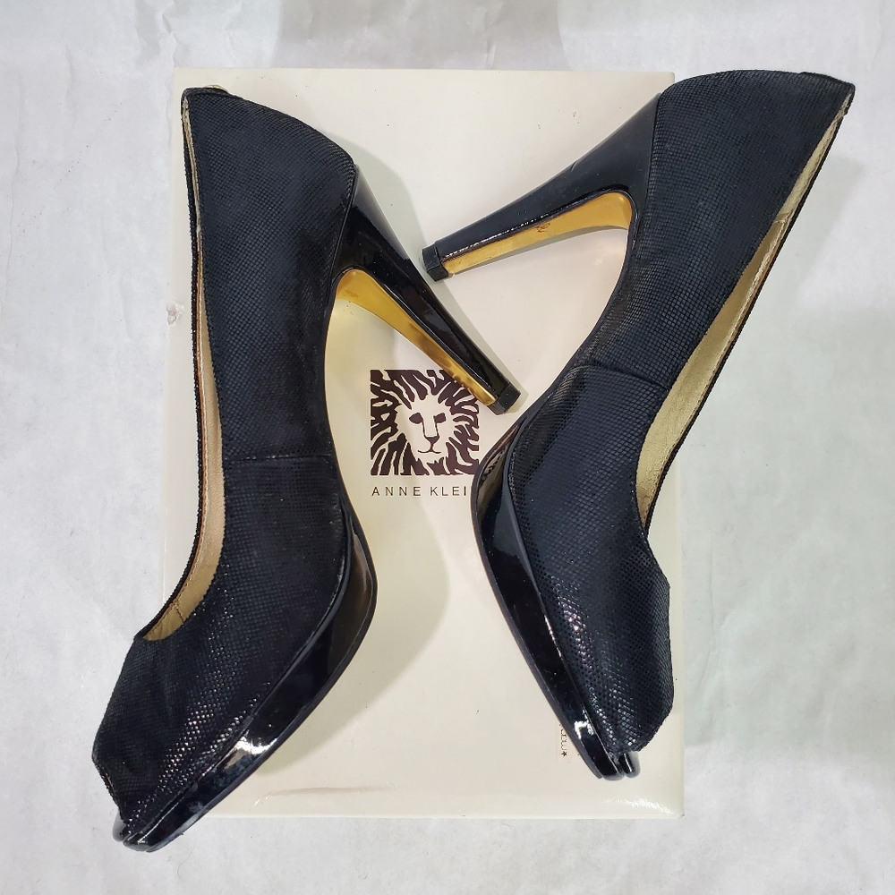 Anne Klein Womens Dyna Size 7 Black Leather Slip On Peep Toe 4" Heel Pumps - Picture 10 of 15